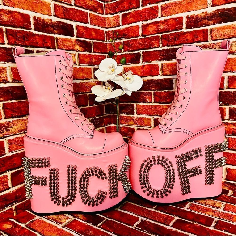 Current Mood NEW Never Censored F*CK OFF Platform Boots Spike Letters Pink Sz 8
